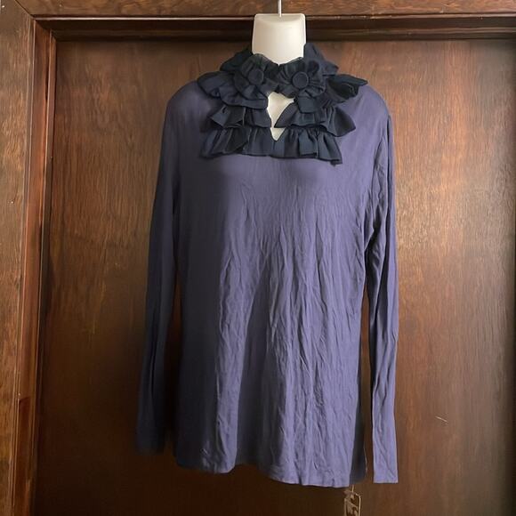 Soft Surroundings Women's Large Navy Long Sleeve Blouse Floral Embellishments - Picture 1 of 8